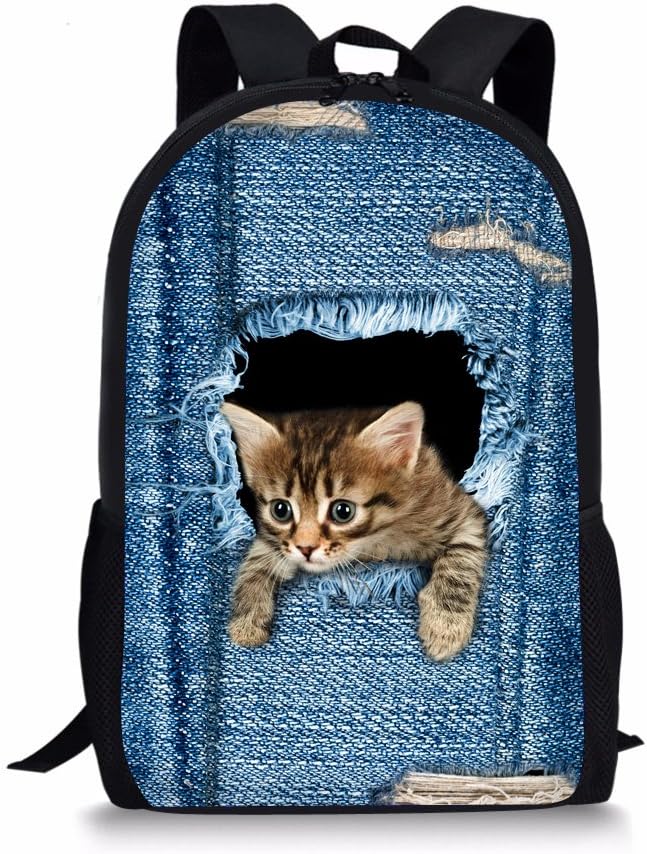 Showudesigns Kids Rucksack Boys Cute Printing Denim Cat Children Girls Backpack Polyester School Bag, Cat 1