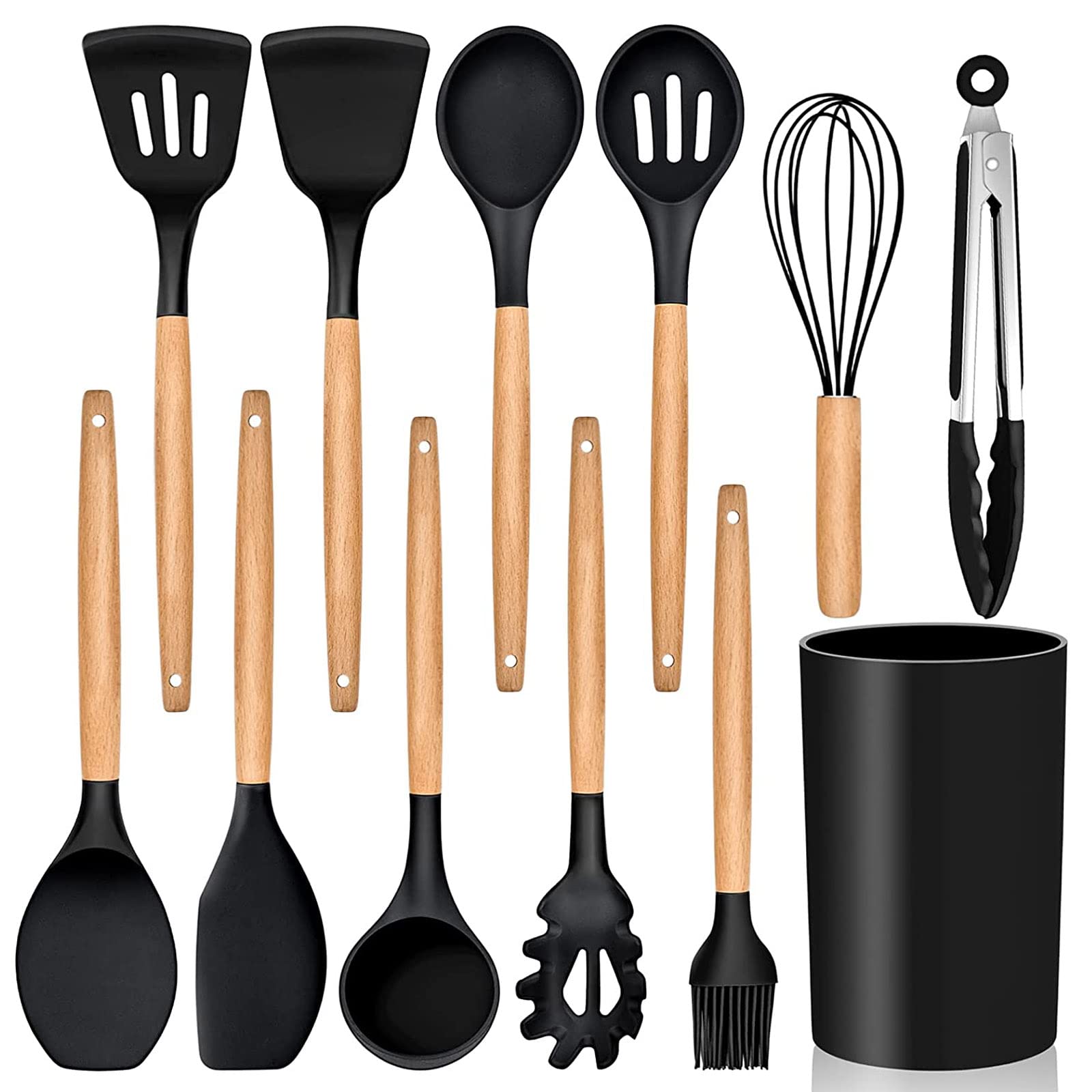 UXIYI Kitchen Utensils Set, 12Pcs Silicone Cooking Utensils Set, Non-Stick Silicone Cooking Kitchen Utensils Spatula Set with Holder, Black