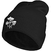 YIEOFH Magic Mushroom Trippy Embroidery Beanie Hat for Men Women Winter Warm Stretch Skull Knit Hats Cap Black