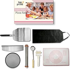 Pizza Making Kit (8 Piece Set) with Supplies Metal Peel, Pan, Cutter Rocker, Adjustable Roller Pin, Dough Docker, Spoodle, Apron & Silicone Dough Mat – DIY Homemade Pizza Oven Accessories & Tools