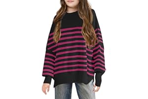 BATERMOON Girls Striped Oversized Sweaters Fashion Batwing Sleeve Side Slit Knit Pullover Clothes 5-14 Years