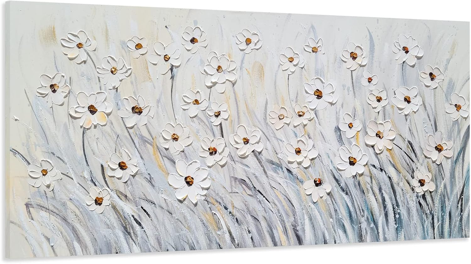 Paintings - SYGALLERIER 3D White Floral Large Canvas Wall Art Hand Painted Textured Wall Art Modern Abstract Painting Aesthetic Pictures for Living Room Bedroom Bathroom Decoration