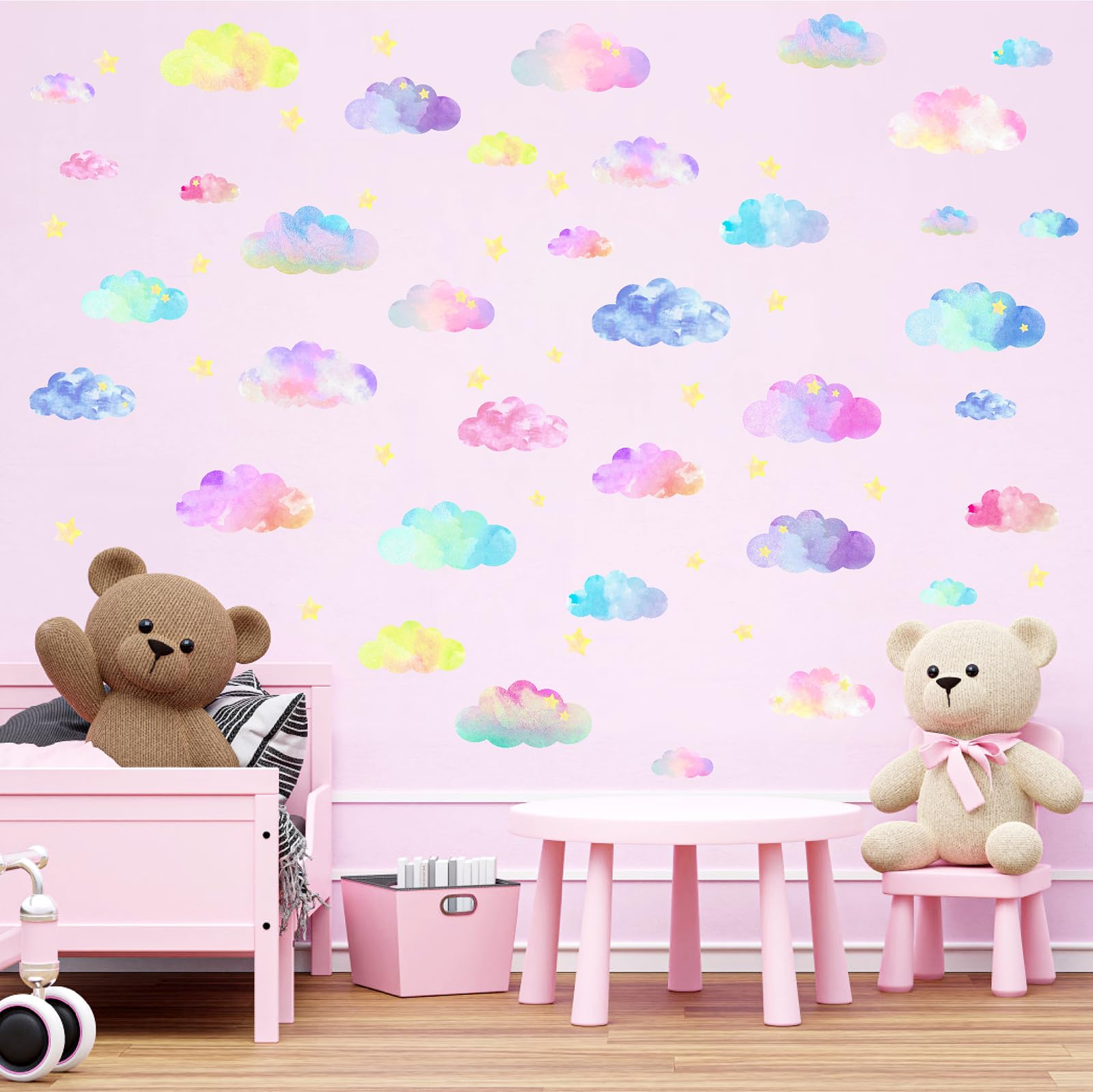 Colorful Watercolor Cloud Wall Decals - Cute Star Stickers - Peel and Stick Nursery Clouds for Kids Room, Girls Baby Room Decor — image 1