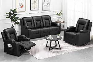 COMHOMA Recliner Chair Set，Furniture Bonded Leather Recliner Set Living Room Set, Sofa, Loveseat, (Black, Living Room Set 3+1+1)