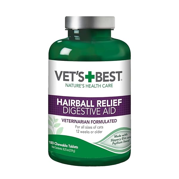 VET’S BEST CAT HAIRBALL RELIEF DIGESTIVE AID, VET FORMULATED HAIRBALL SUPPORT REMEDY, CLASSIC CHICKEN FLAVOR, 180 CHEWABLE TABLETS