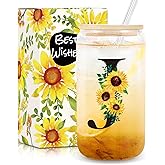Frerdui Birthday Gifts for Women, Initial Glass Cups w Lids and Straws, Sunflower Gift for Women, Personalized Gift, 16oz Glass Tumbler Cups W/Straw Lid, Monogrammed Birthday Gifts for Her Mom - J
