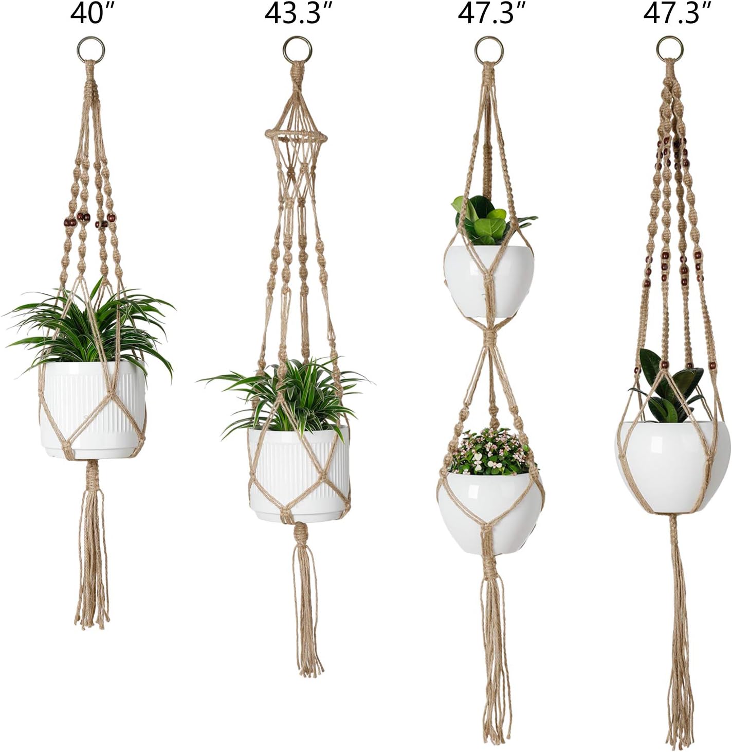POTEY 620401 Macrame Plant Hangers - 4 Pack Hanging Planter Basket with 8 Hooks, Jute Indoor Hanging Plant Holder with Wood Beads,40''/43.3''/47.3''/47.3'',Brown: Garden & Outdoor