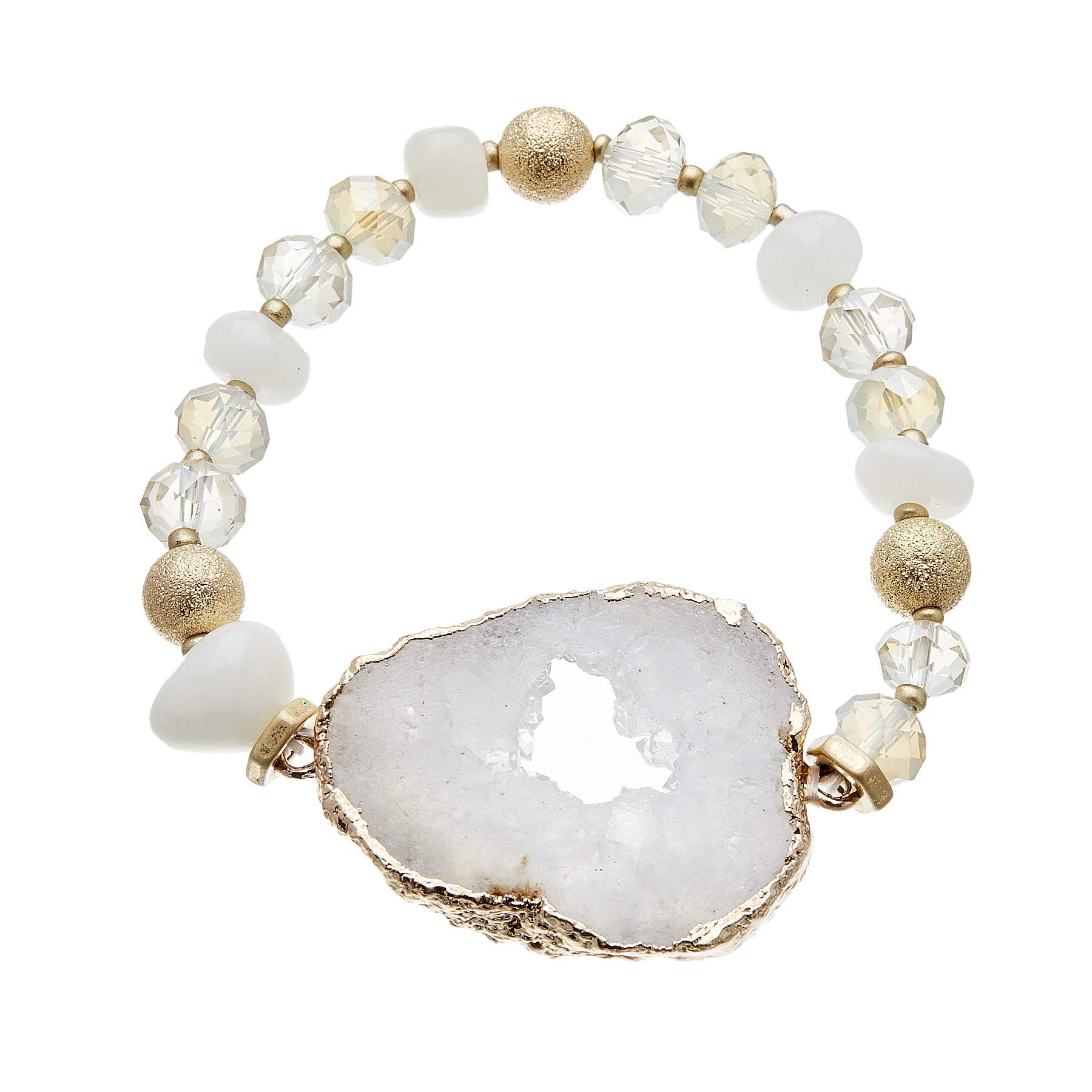 Bello London Beaded Bracelet with white agate beads and a white druzy quartz stone - Jae W