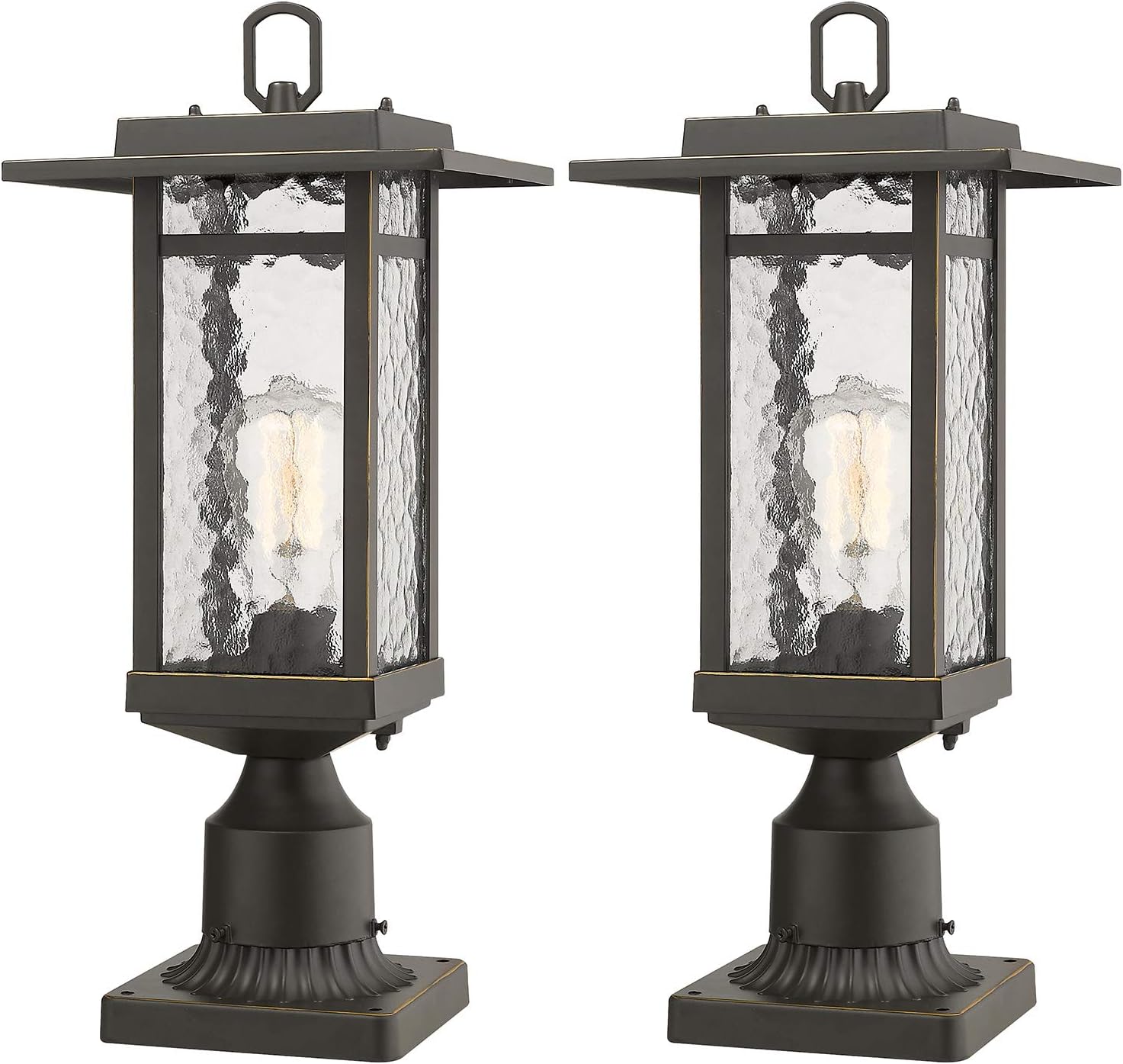 Beionxii Outdoor Post Lantern, 2-Pack Exterior Post Lighting Fixture with 3-Inch Pier Mount Base, Oil Rubbed Bronze Finish with Water Ripple Glass (8.2