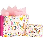 Loveinside Floral Gift Bag for Girls, Medium Size Bag with Tissue Paper, Tag, Greeting Card, Pink Glitering Flower and Happy Birthday Design for Girls' Birthday Party, 13" x 5" x 10", 1 Pcs