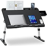 EVETTO Laptop Bed Desk, X-Large Leather Adjustable Computer Bed Table Tray, Foldable Laptop Lap Desk for Bed Sofa Couch Floor Writing Eating Working with Drawer 2 Movable Stoppers (23.6 inch, Black)