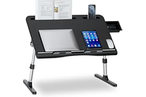 EVETTO Laptop Bed Desk, X-Large Leather Adjustable Computer Bed Table Tray, Foldable Laptop Lap Desk for Bed Sofa Couch Floor Writing Eating Working with Drawer 2 Movable Stoppers (23.6 inch, Black)