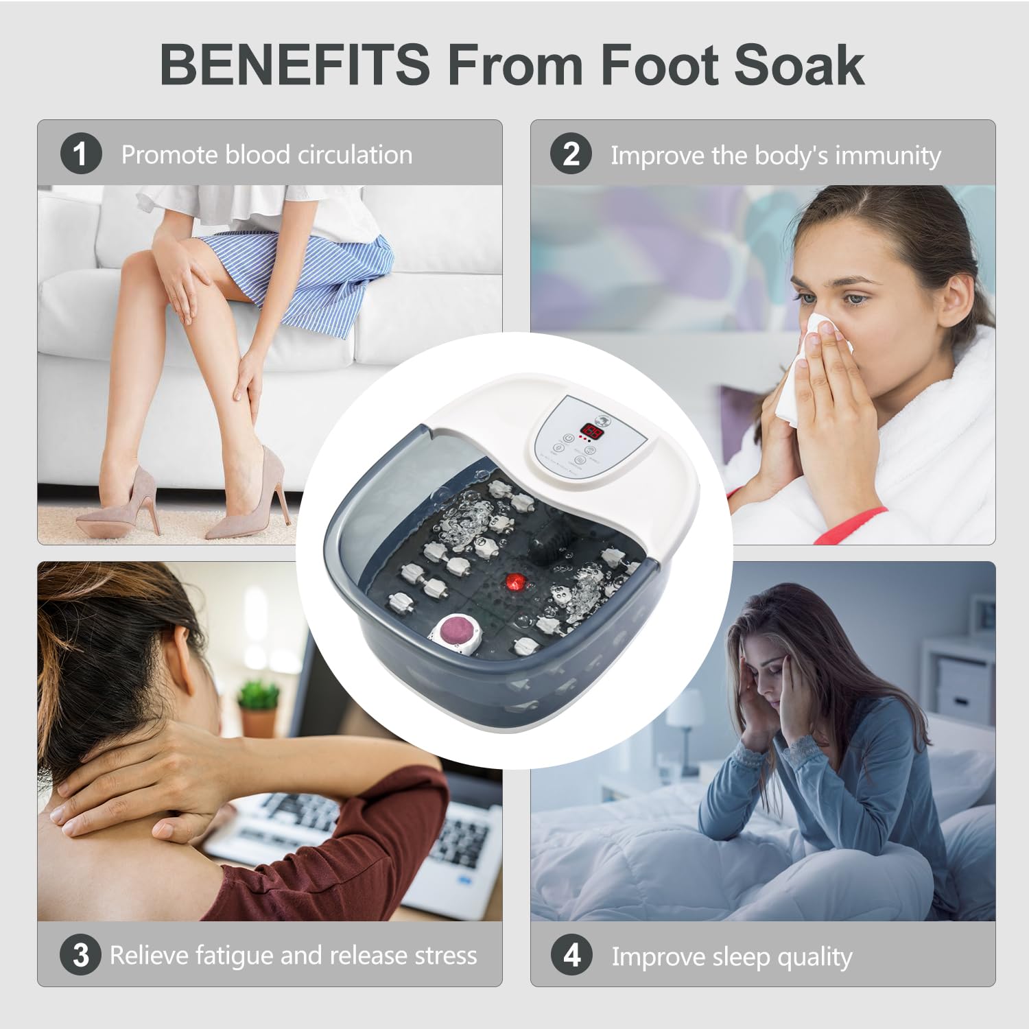 Foot Spa Bath Massager with Heat [2025 Upgraded], Vibration, Temperature Control, Jets, Bubbles, Epsom Salt, Feet Massager with 22 Massage Rollers, Foot Bath for Relaxation, Large, Grey