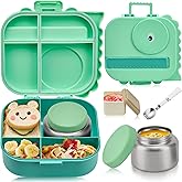 Pawtong Bento Lunch Box with Thermo, 4-Compartment Bento Box with Adjustable Dividers, Leakproof Dinosaur Lunch Box with 14.2OZ Insulated Food Jar & Sauce Jar, for School Office Travel(Green)