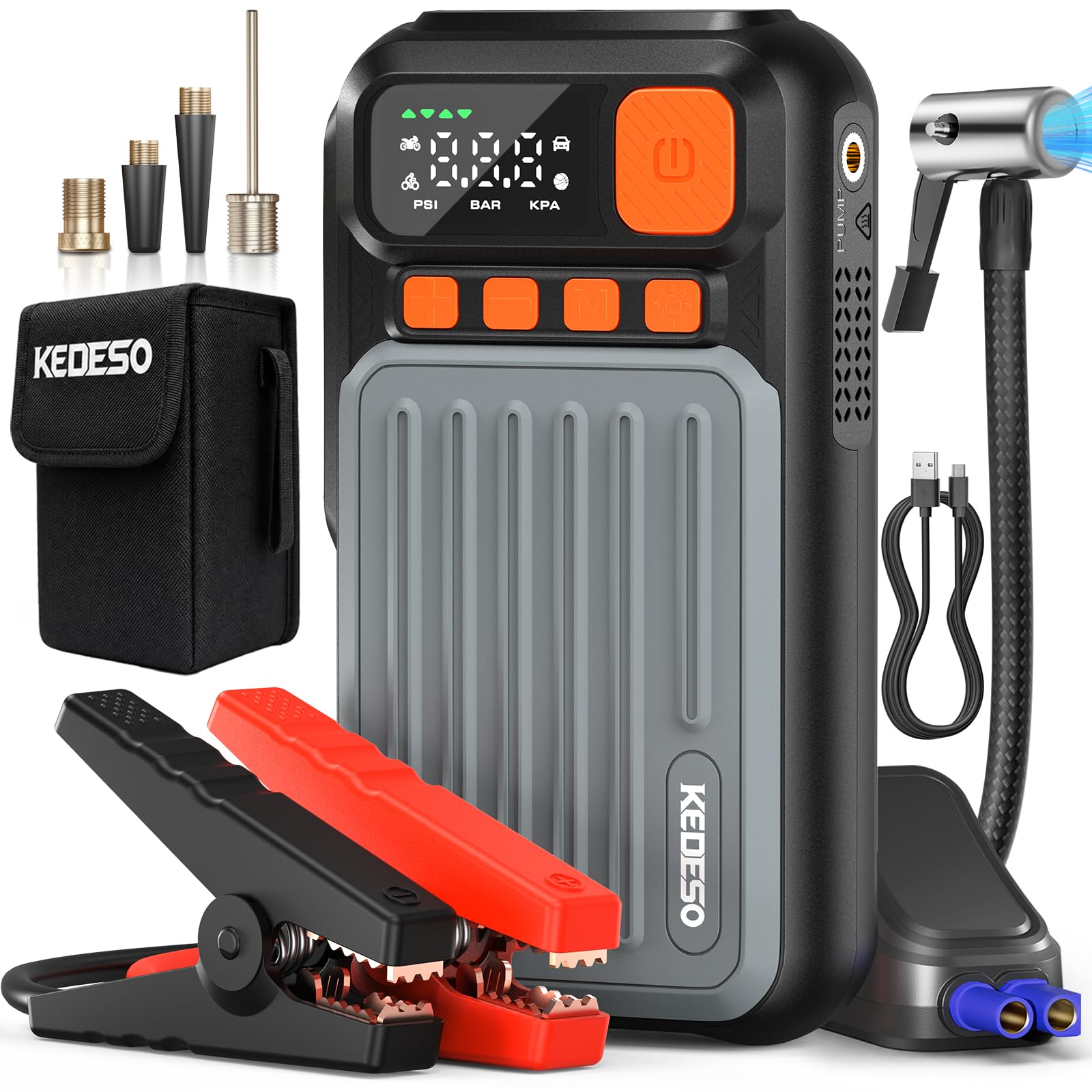 KEDESO 12V Car Battery Jump Starter with 160PSI Air Compressor, Jump Box | Portable 12V 1000A battery booster for 6.0L gas/3.