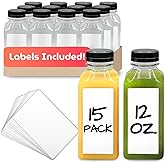 Reli. Plastic Juice Bottles [15 Pack] [12 oz] Square Plastic Juice Bottles with Caps & Sticker Labels | Clear, Empty for Juicing 12oz | Disposable, Reusable Containers for Juicing, Smoothies
