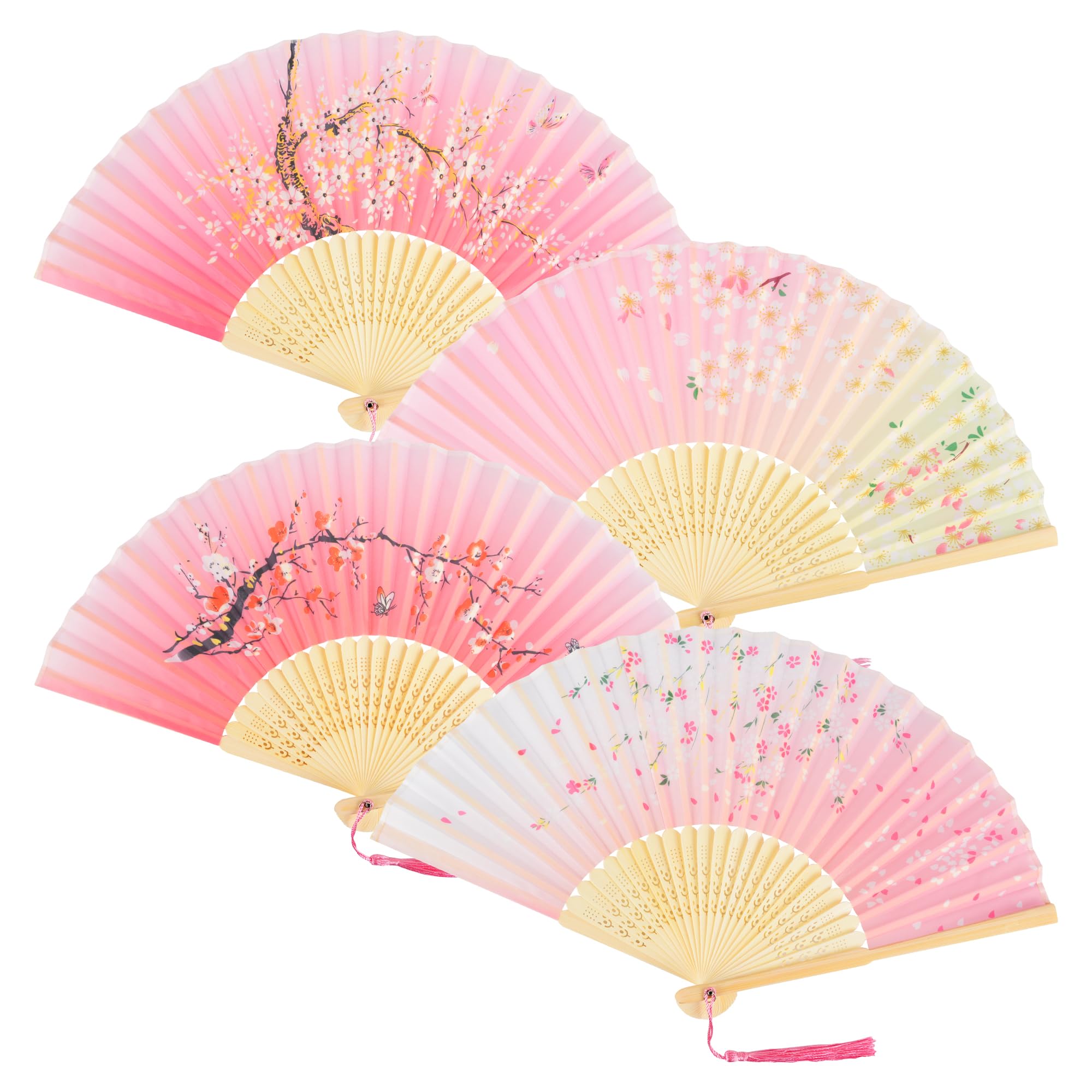 KEYIDO Handheld Folding Fan for Women Silk Fabric Folding Fans Pink Chinese Style Hand Fan Women's Hollowed Bamboo Fans with Tassel for Wall Decoration Dancing Cosplay 4 Pcs