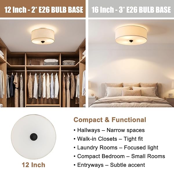 LODSTOB 2-LIGHT FLUSH MOUNT CEILING LIGHT FIXTURE, 12” MODERN CLOSE TO CEILING LIGHT WITH BEIGE FABRIC DRUM SHADE, ROUND PENDANT LIGHT FOR BEDROOM HALLWAY BATHROOM DINING KITCHEN, BULBS NOT INCLUDED