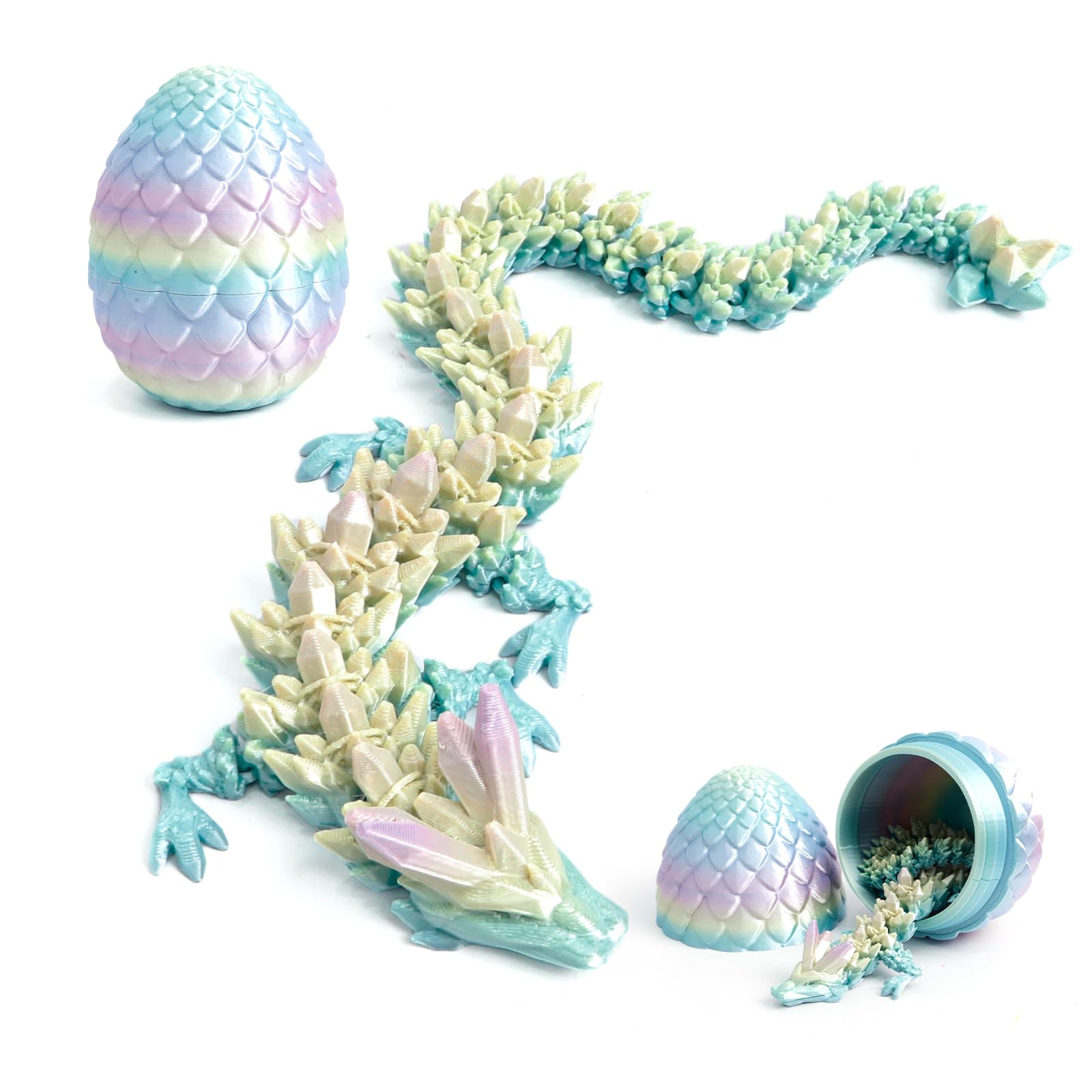 Flavery 3D Printed Dragon in Egg - Dino Egg with 12" Flexible Crystal Dragon Inside, Colorful Fidget Toy, Birthday Gift, Desk Pet Figure (Mini Rainbow)