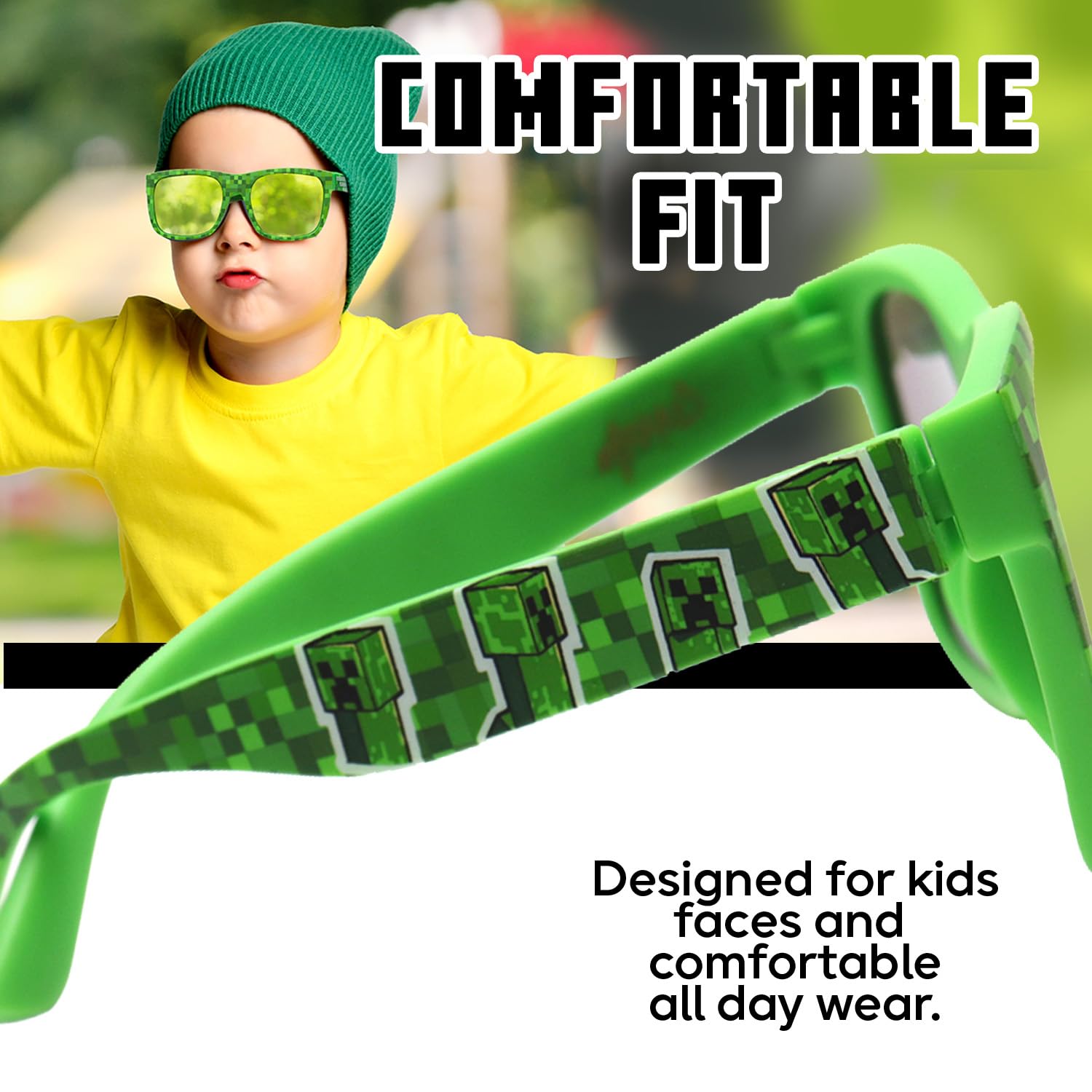 Sun-Staches Minecraft Sunglasses - Stylish, Comfortable & Durable UV-Protective Kids Glasses With Soft Carrying Case - Official Minecraft Gifts for Boys and Girls