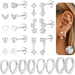 Surgical Steel Flat Back Earrings for Sensitive Ears Women - Hypoallergenic Stainless Steel Flatback Stud Hoop Cartilage Earr
