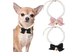 LUNECLAT 2Pcs Small Dog Cat Pearl Collar Necklace - 8.2'' Pearls Necklaces Collars Adjustable with Bow Tie & Bell for Dogs Cats Puppy Kitten Party Wedding Birthday, Black & Pink