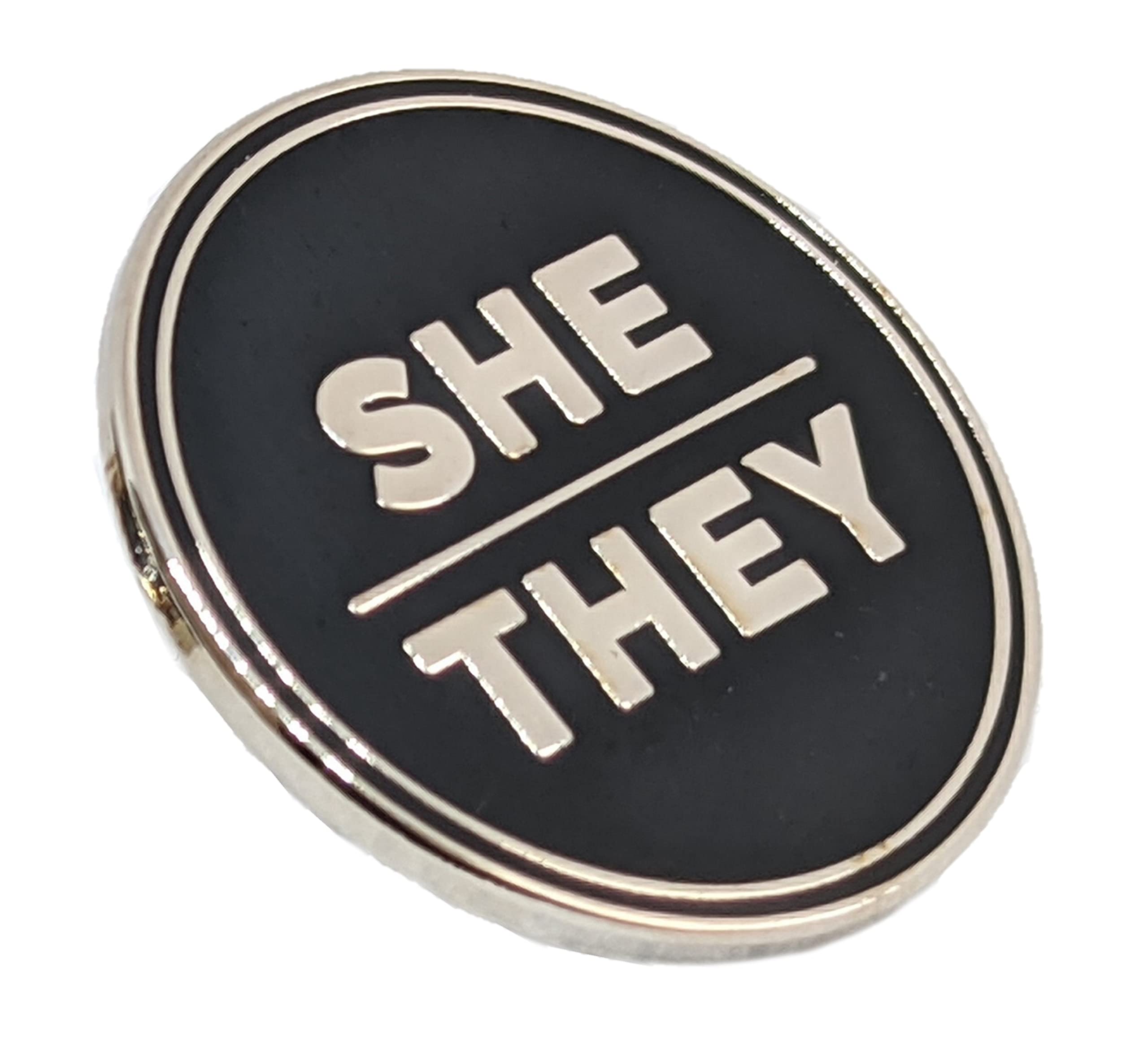 She They Pronoun Pin Black and Silver Circular Hard Enamel Pronoun Button Badge