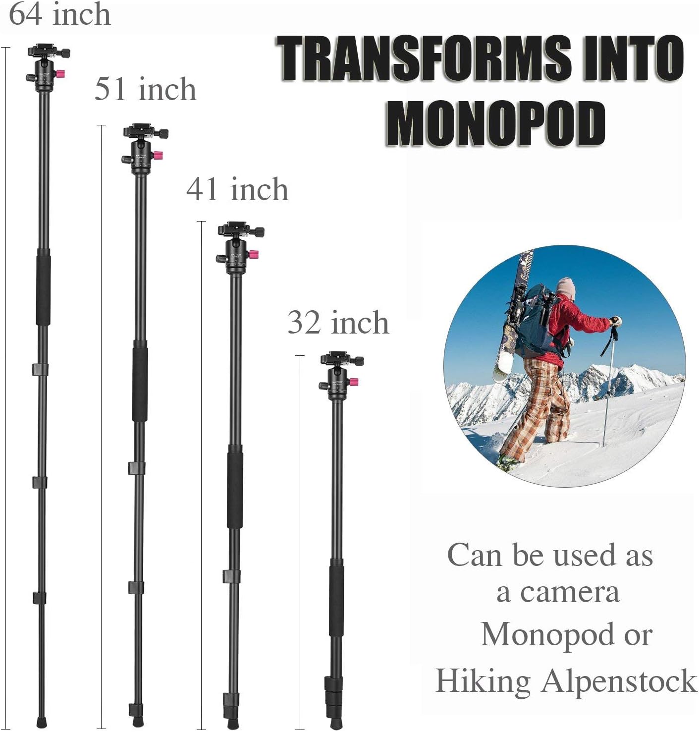MACTREM Professional Camera Tripod with Phone Mount, 62" DSLR Tripod for Travel, Super Lightweight and Reliable Stability, Ball Head Tripod Detachable Monopod with Carry Bag (Black) : Camera & Photo