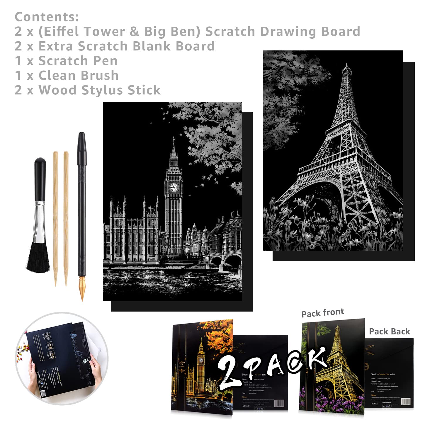 Scratch Painting Kits for Adults & Teens, Craft Art Set, Rainbow Scratch Art Painting Paper, Sketch DIY Night View Scratchboard, 16'' x 11.2'' Creative Gift with 3 Tools kit (Eiffel Tower/Big Ben)