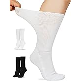 Artdear Diabetic Socks for Men & Women - 2 Pairs Non Binding Extra Wide Crew Socks for Swollen Feet Seamless Toe Loose Fit (Black & White, X-Large)