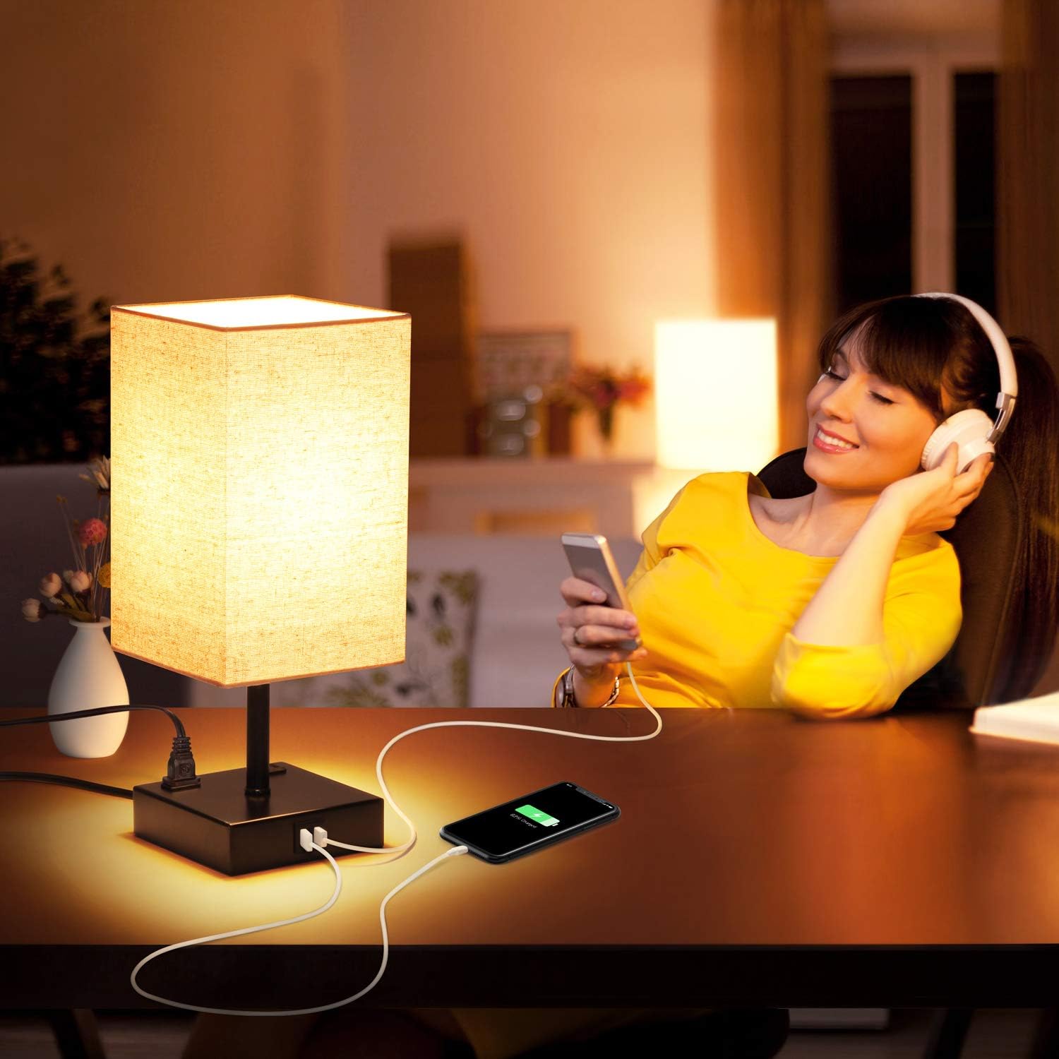 3 Way Dimmable Touch Control Table Lamp, Modern Bedside Desk Lamp with 2 Fast USB Charging Ports 2 AC Outlets, Nightstand Lamp for Bedroom Living Room Office, 60W LED Bulb Included, Black Base: Home Improvement