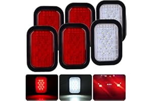 Konrali 6Pcs 5x3 Led Tail Lights, 4 Red + 2 White 3x5 Rectangle Led Lights 12 LED Stop/Turn/Tail Backup/Reverse Tow Truck Semi Trailer CM Flatbed Hitch Mounted RV Bus Grommet 3 Wire Pigtails Kit 12V