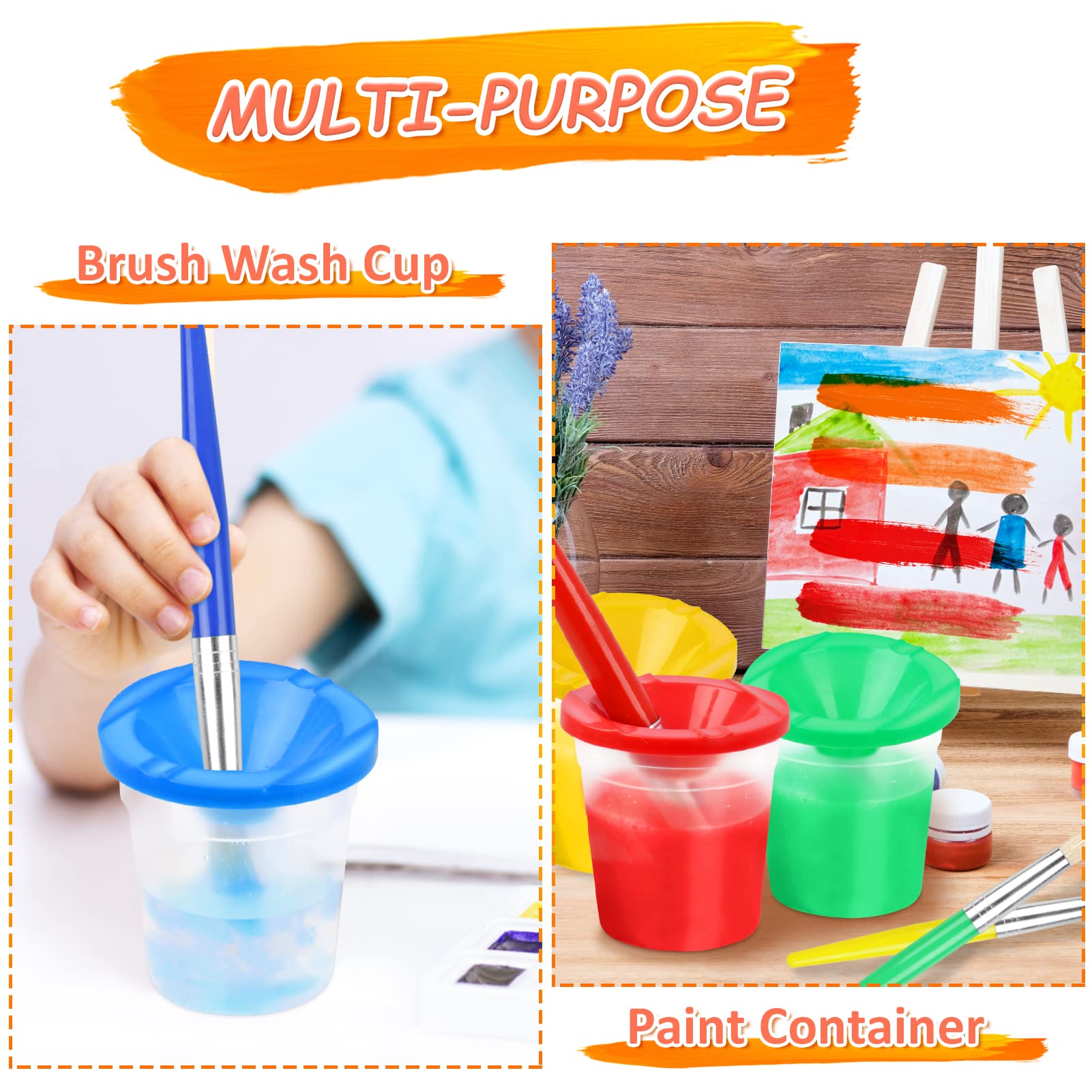 RNKP 4 Piece Children's No Spill Paint Cups with Colored Lids and 4 Piece Large Round Brush Set with Plastic Handles