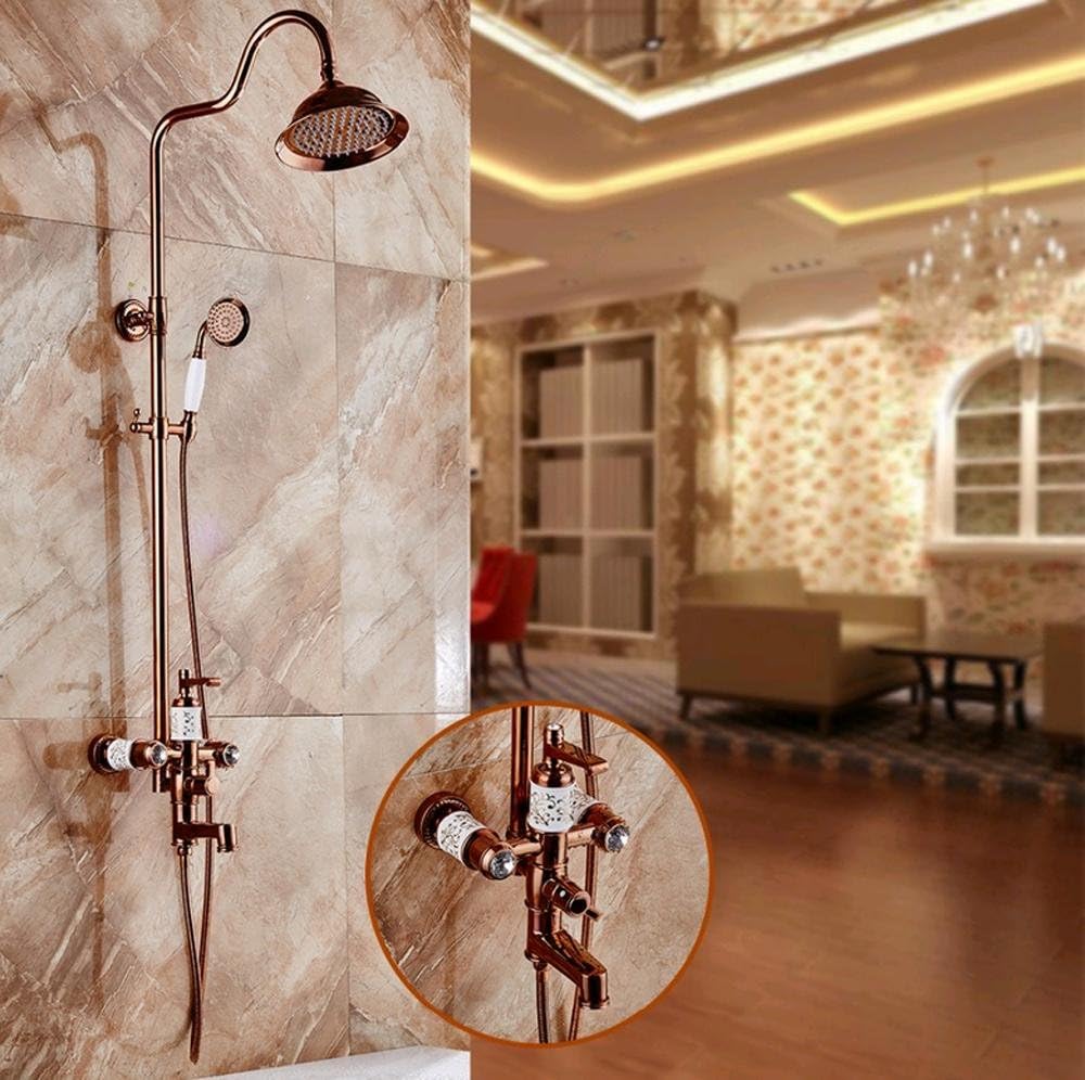 AllureFeng Luxury NEW Rose Gold Finish Rainfall Marble Shower Set Faucet + Tub Mixer Tap + Handheld Shower Wall Mounted