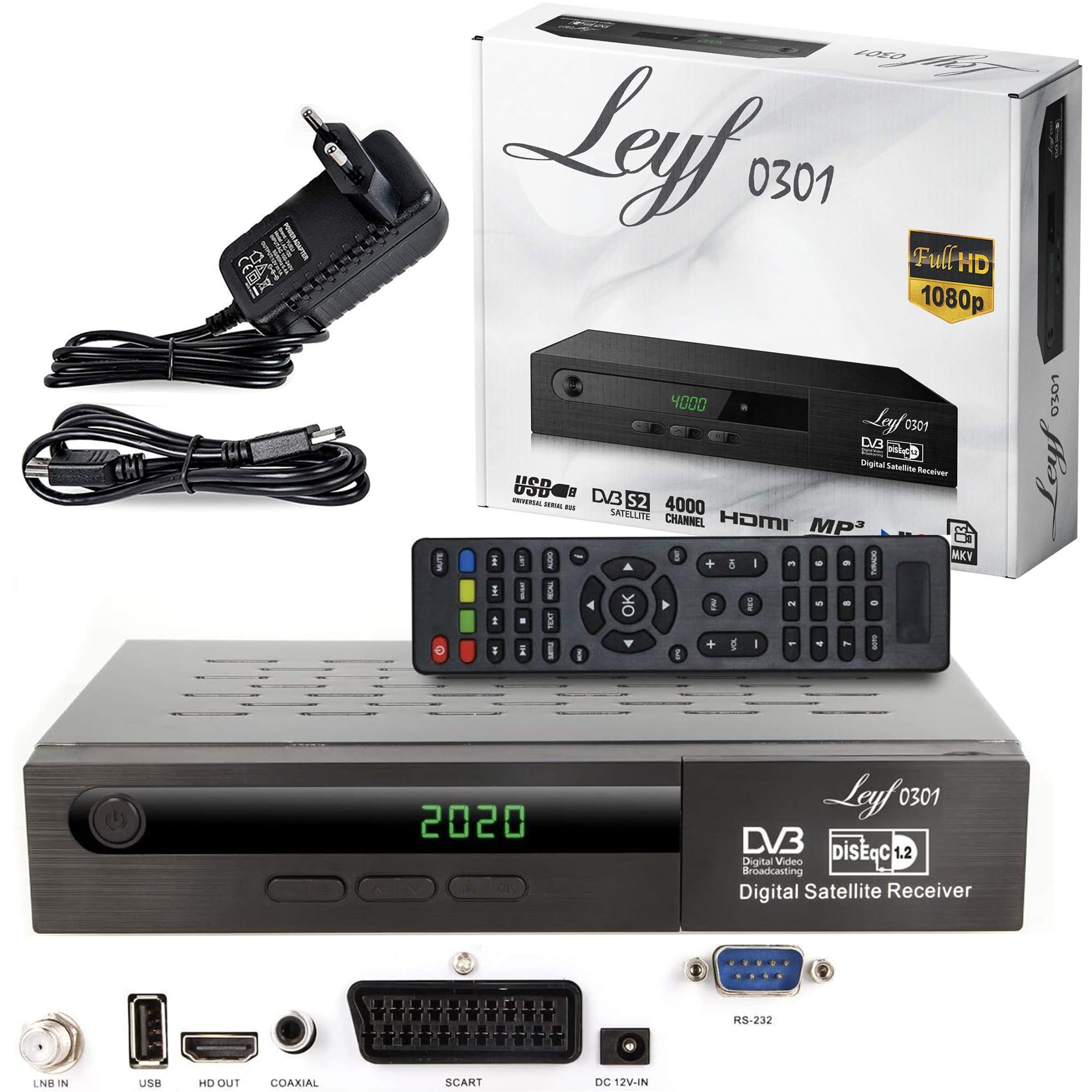 Leyf PVR Satellite Receiver: Digital recording function (HDTV, DVB-S/DVB-S2), HDMI, Scart, 2 USB Ports, Full HD (1080p) [Pre-programmed for Astra, Hotbird and Tursat] + HDMI cable