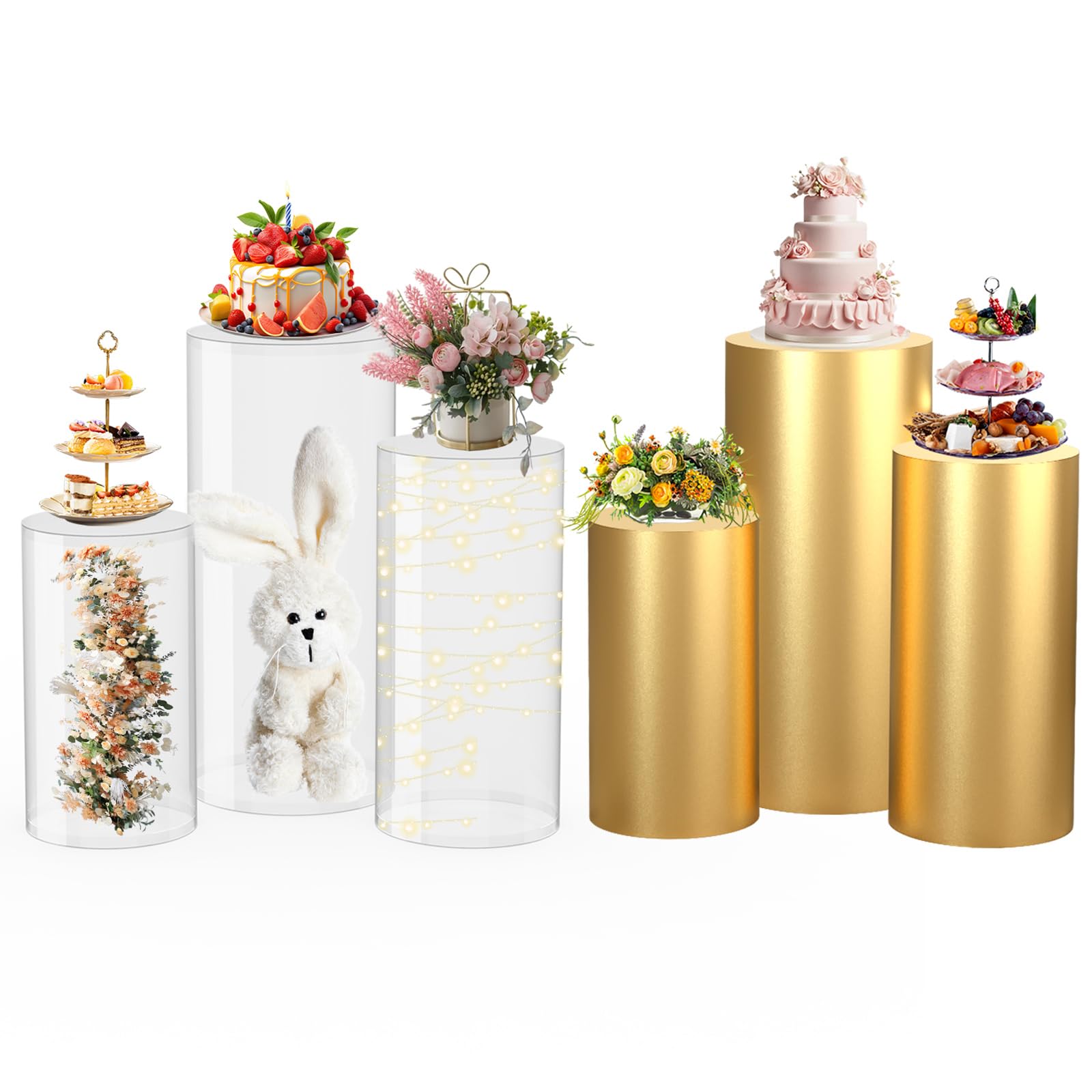 Photo 1 of Lmaqfum 3 Pieces Clear Cylinder Stands for Party with Gold Cover, Acrylic Cylinder Pedestal Stand, Cake Pedestal Stands Sets for Display Party Wedding Birthday Baby Shower Event Decor(3PCS)