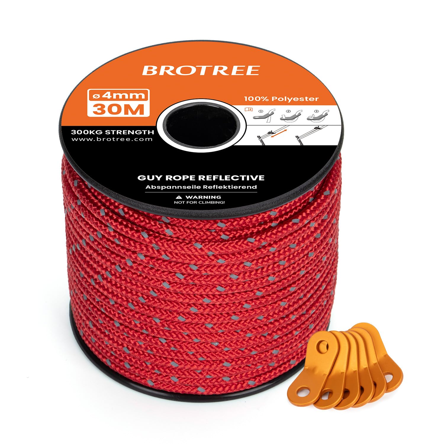 BROTREE Tent Guy Rope 4mm 30m Reflective Guy Line Heavy Duty Guide Rope with 6Pcs Aluminum Tensioners for Tent Gazebo Awning Camping (Red)