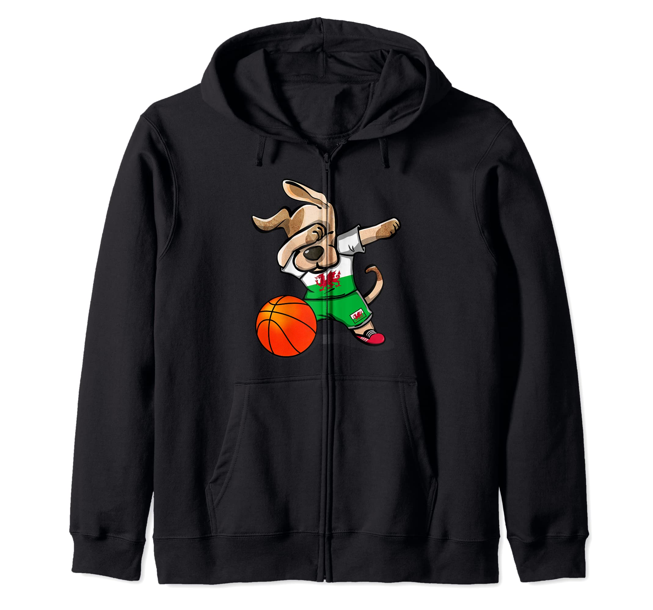 Funny Dabbing Dog Wales Basketball - Welsh Flag Sport Zip Hoodie