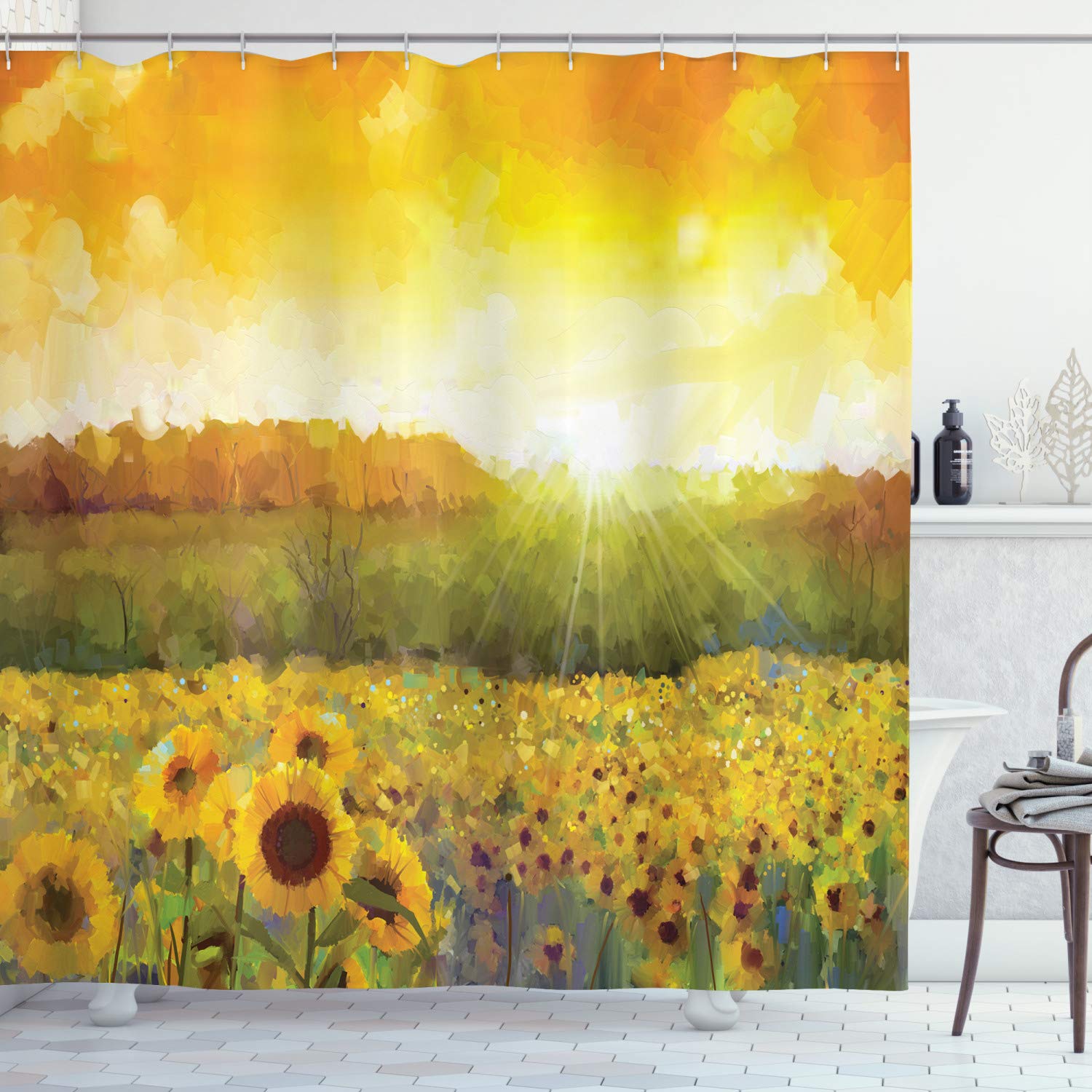 ABAKUHAUS Sunflower Shower Curtain, Landscape a Golden Yellow Field and Distant Hill Sunset Colors Agriculture, Cloth Fabric Bathroom Decor Set with Hooks, 86 Inches Extra Long, Orange Yellow