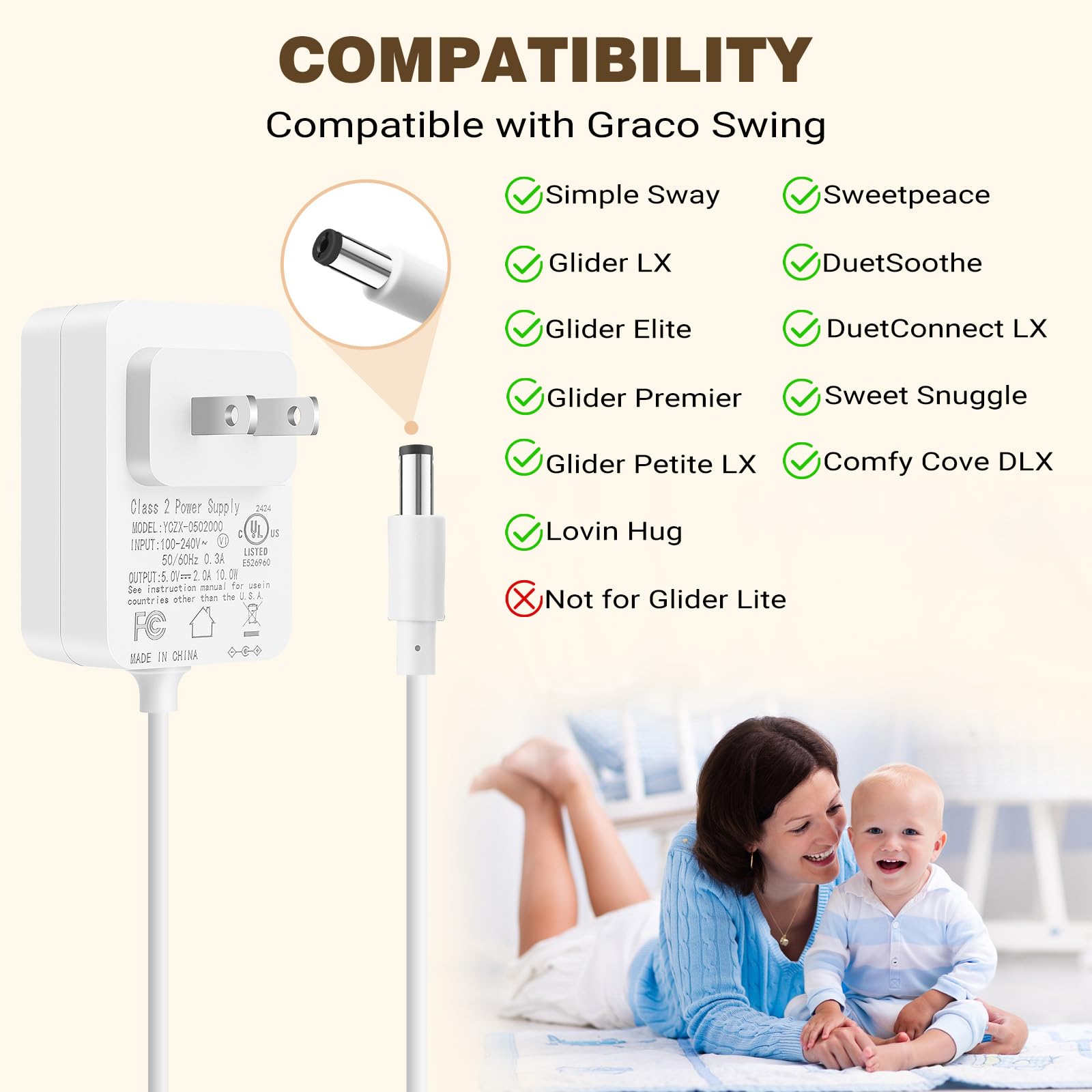 5V 2A Baby Swing Power Cord 6ft Replacement for Graco Duetsoothe/DuoGlider/Baby Swing,Compatible with Graco Simple Sway Swing/Glider LX/Simple Sway LX, Adapter 5V Charger Baby Swing Ideal for Parents