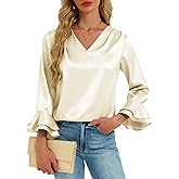 Womens Satin Silk Blouses 3/4 Sleeves Ruffle Shirts Dressy Business Casual Tops V Neck Pleated Elegant Work Office Wear