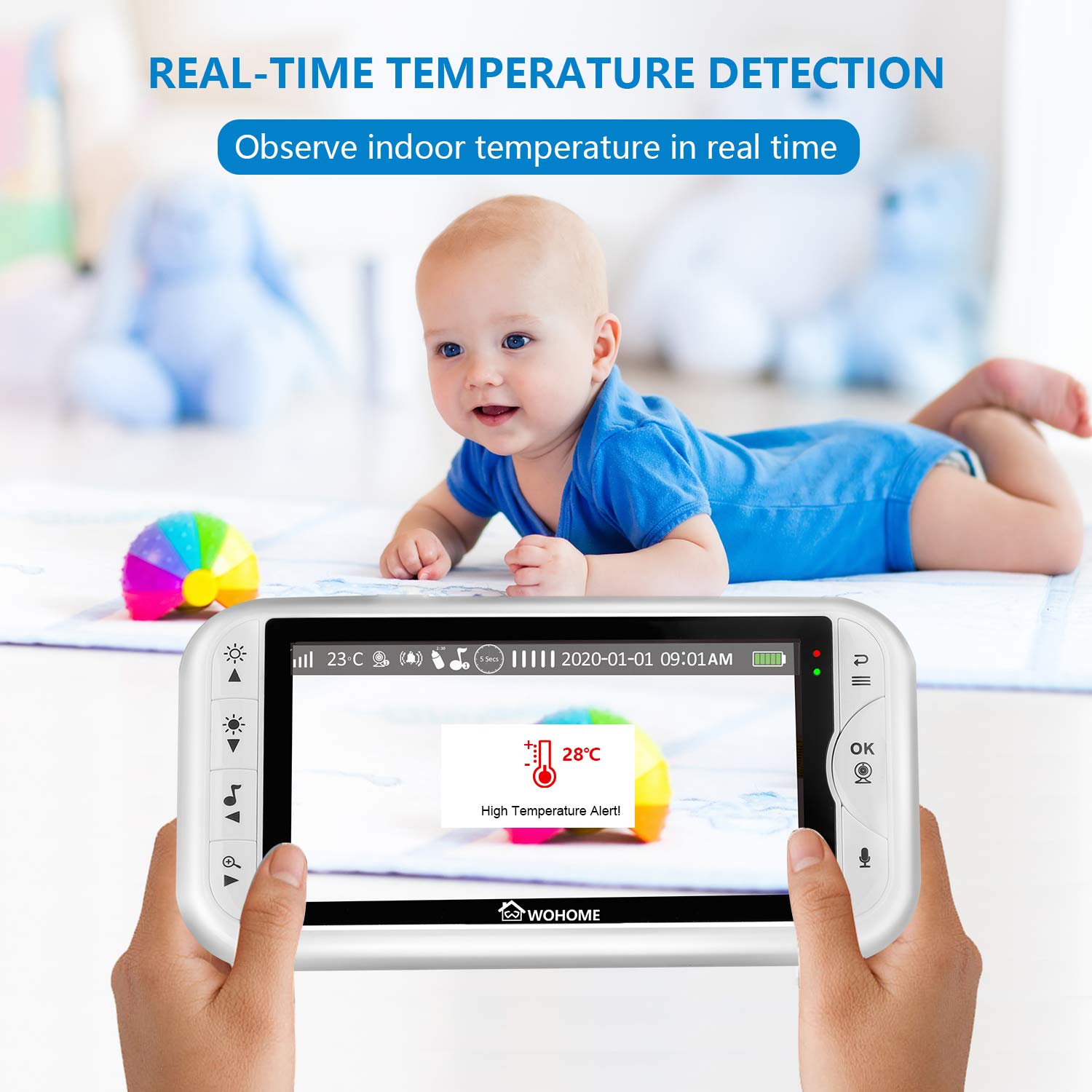 Wohome LY-129 Video Baby Monitor with Camera and Audio, Remote Pan, Tilt, One-click Zoom, 720 HD 5"Display, 2-Way Talk, 900ft Range, Tem/sound alert, Night Vision, Thermal Monitor and Wall Mount kit : Baby