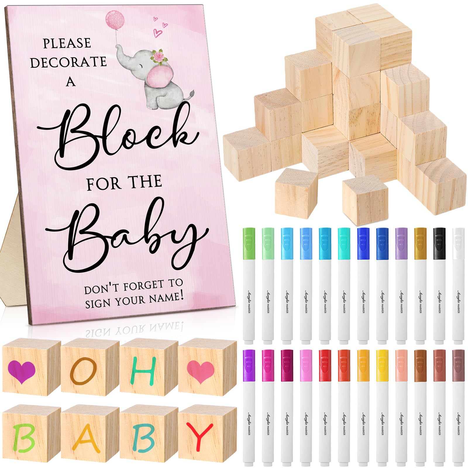 Photo 1 of Tatuo 75 Pcs Baby Shower Games Sign Kit Including Decorate a Block Game Sign 50 DIY Wooden Block 24 Acrylic Paint Marker Baby Shower Prize for Gender Reveal Party(Elephant)