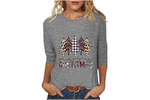 HNODOV Merry Christmas 3/4 Sleeve Tops for Women Cute Xmas Tree Tshirts Plus Size Crew Neck Blouse Soft Holiday Pullover Tees