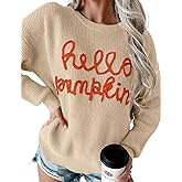 Ecosunny Womens Halloween Sweater Casual Crew Neck Hello Pumpkin Graphic Pullover Long Sleeve Loose Knit Sweater Top
