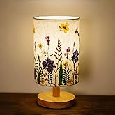petitepop Dried Flowers Table Lamp, 7w Led 3-Color Pressed Floral Beside Lamp,Cute Vintage Linen Shade Desk Lamp for Bedroom Office with Wood Base