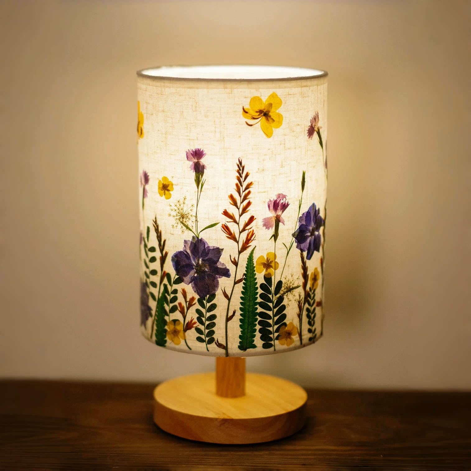 Photo 1 of petitepop Dried Flowers Table Lamp, 7w Led 3-Color Pressed Floral Beside Lamp,Cute Vintage Linen Shade Desk Lamp for Bedroom Office with Wood Base