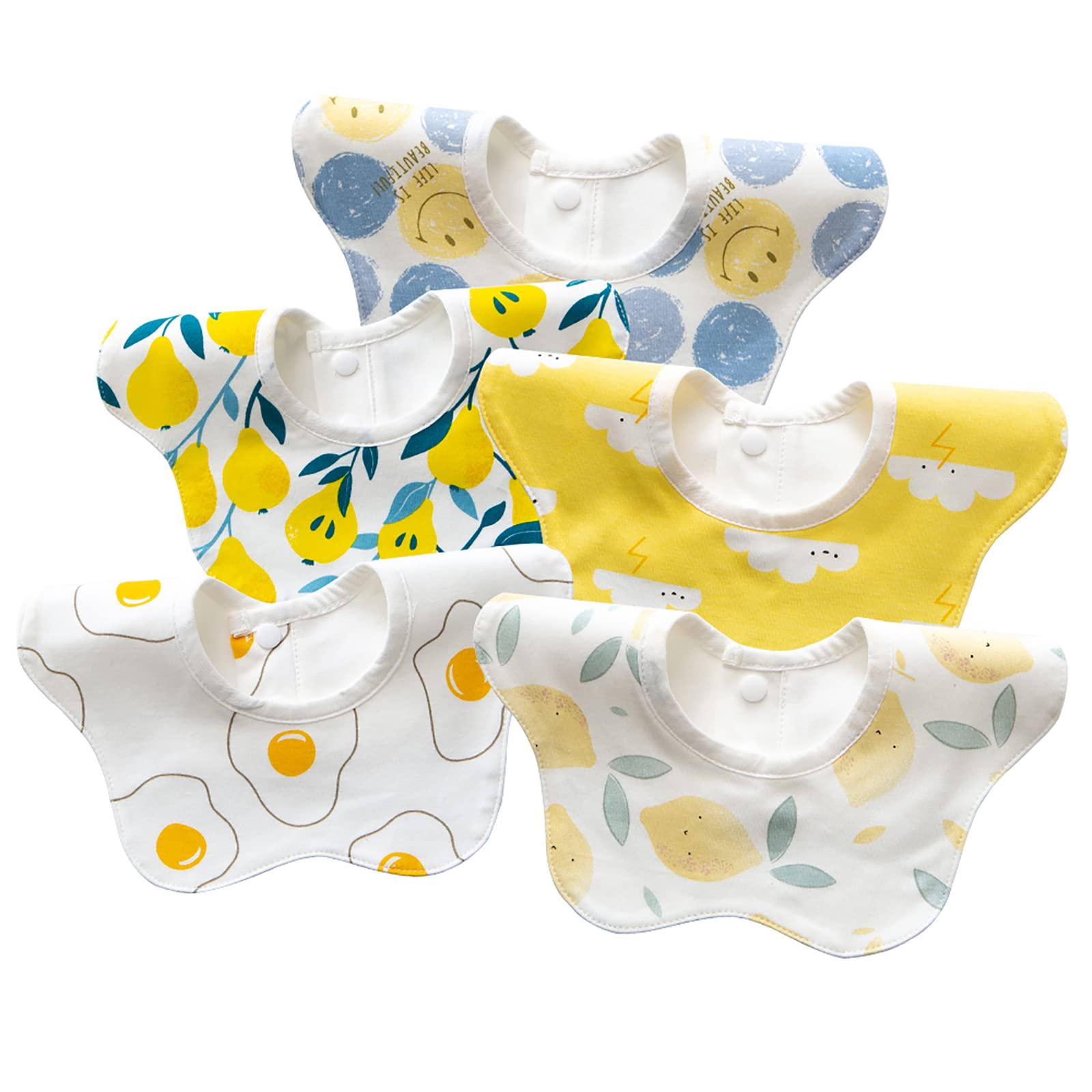 Chamie Baby Bib Flower Cotton Dribble Bibs 360° Rotation for 1-12 Months Boys and Girls,Nursing and Eating,Pack of 5,Yellow