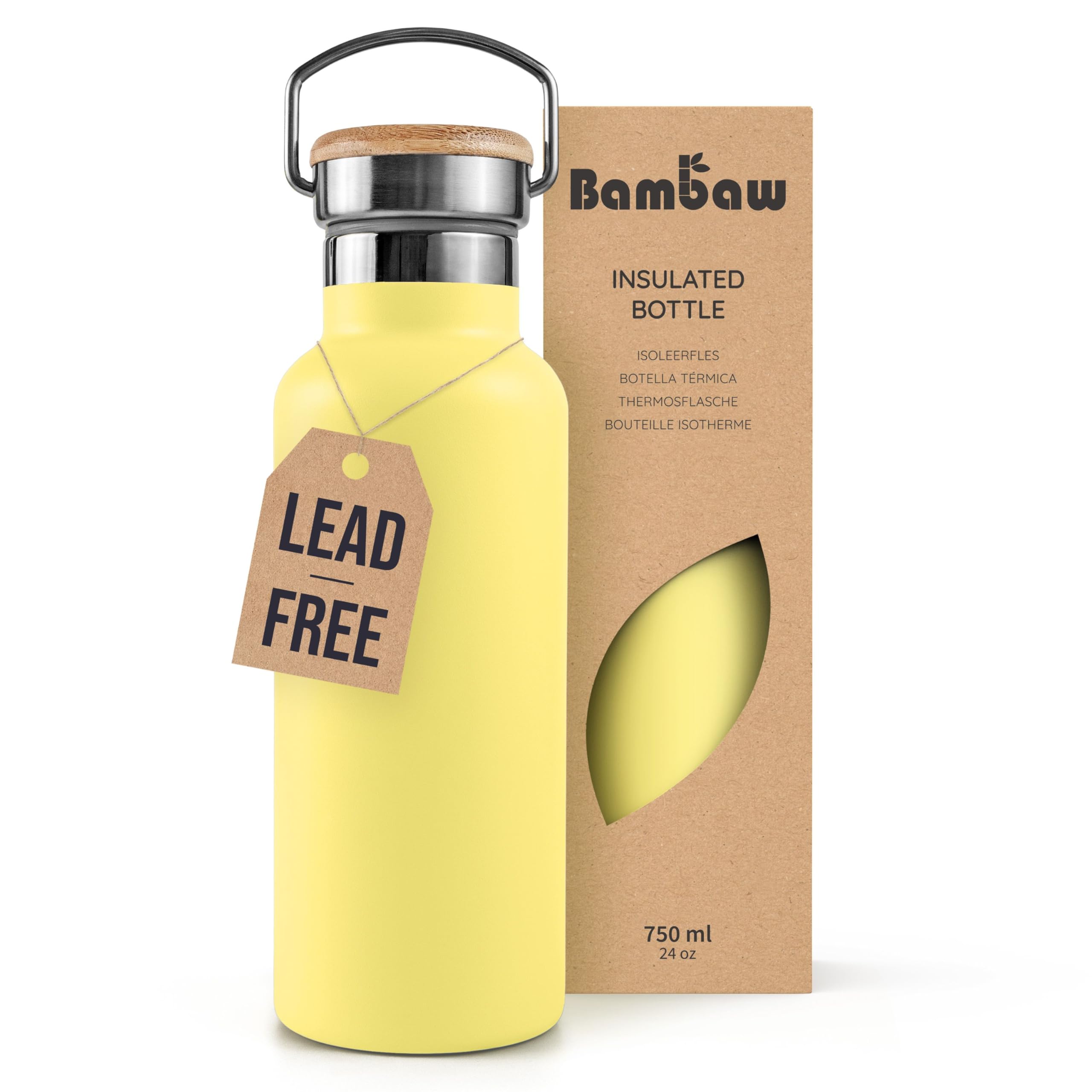 Bambaw 750ml Stainless Steel Water Bottle for Hot & Cold Drinks, 750ml Water Bottle Insulated, Sleek & Durable, Leak-Proof, Reusable & Perfect for Work, Gym or Travel (Yellow Beam)