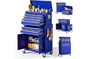 LEGACYAMERHOME 10-Drawer Rolling Tool Chest with Wheels, 2 in 1 Lockable Tool Box with Drawers, Adjustable Shelf, Detachable Top Cabinet & Storage Cart, Steel Tool Cart with Liner & Hooks for Workshop